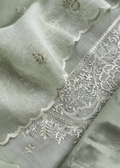 Ash Grey Pure Mul Chanderi Suit With Resham Embroidery