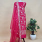 Cherry Red Handloom Organza Suit Set With Floral Appliqué And Pitta Handwork