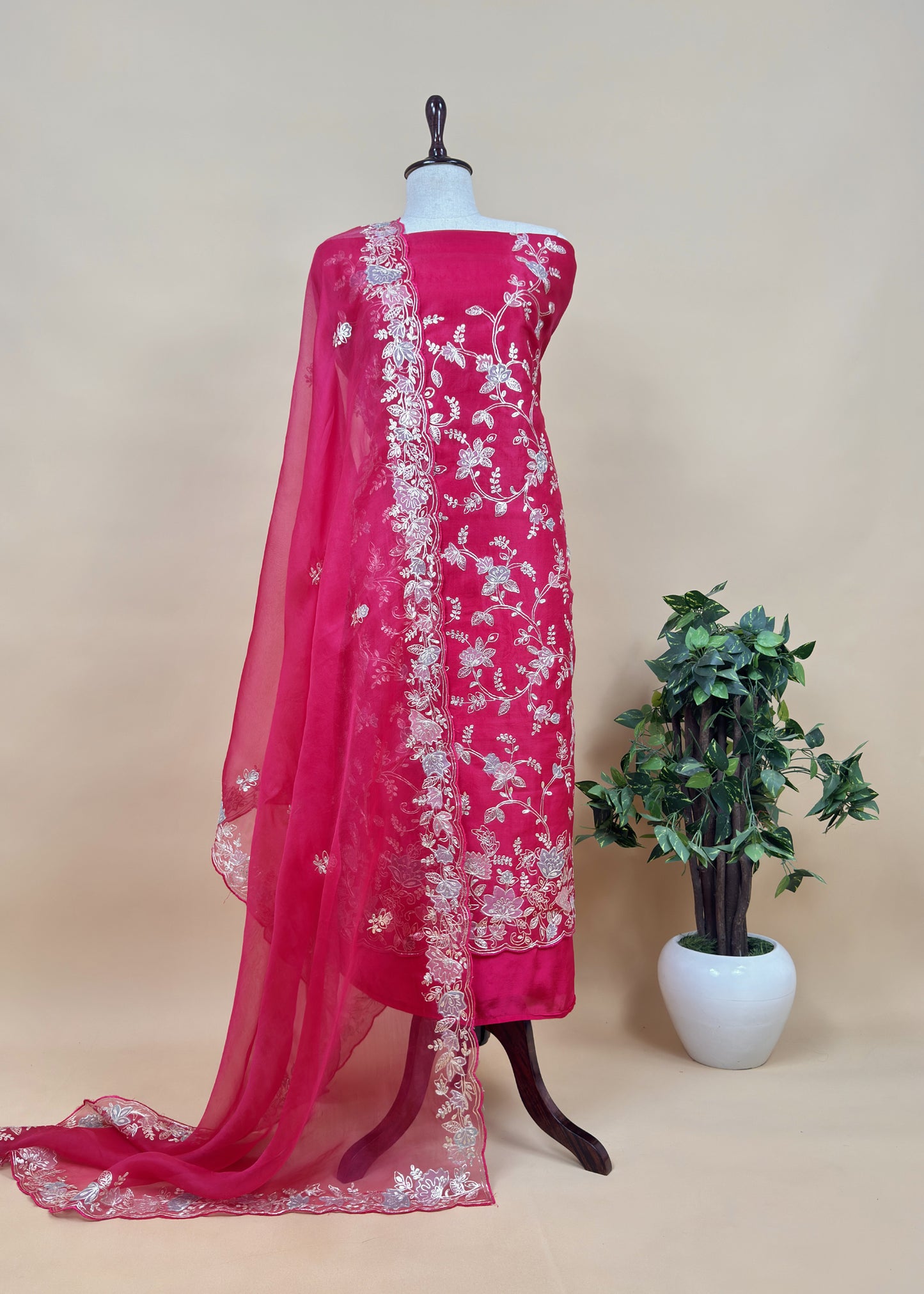 Cherry Red Handloom Organza Suit Set With Floral Appliqué And Pitta Handwork