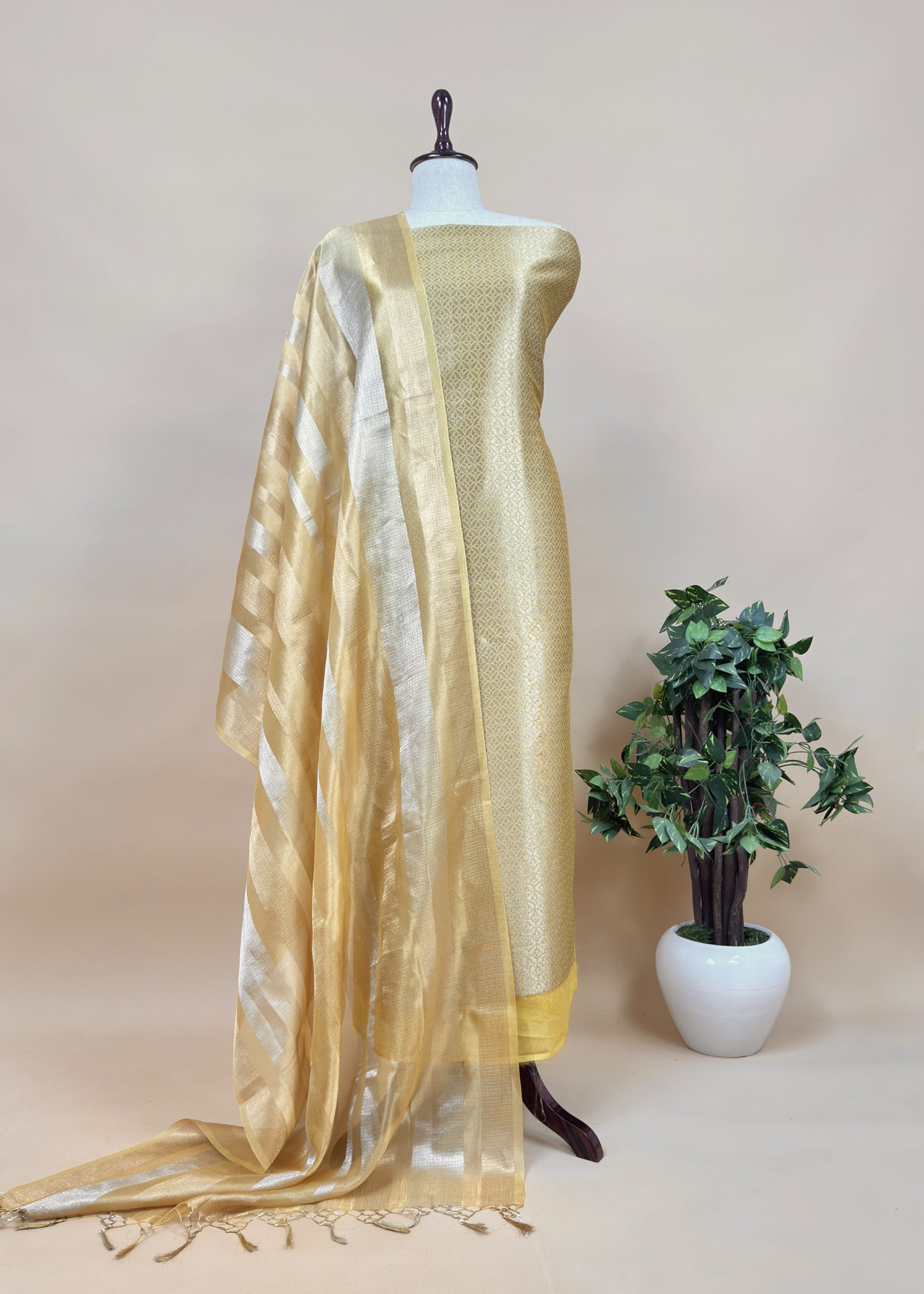 Mustard Ochre Designer Pure Brocade Silk kurta And Tissue Silk Dupatta