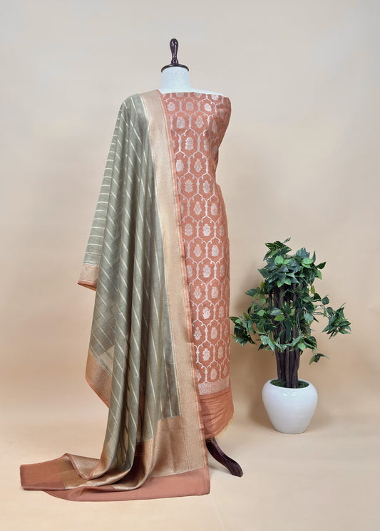 Rust And Taupe Green Pure Varanasi Silk Suit With Zari Weaving