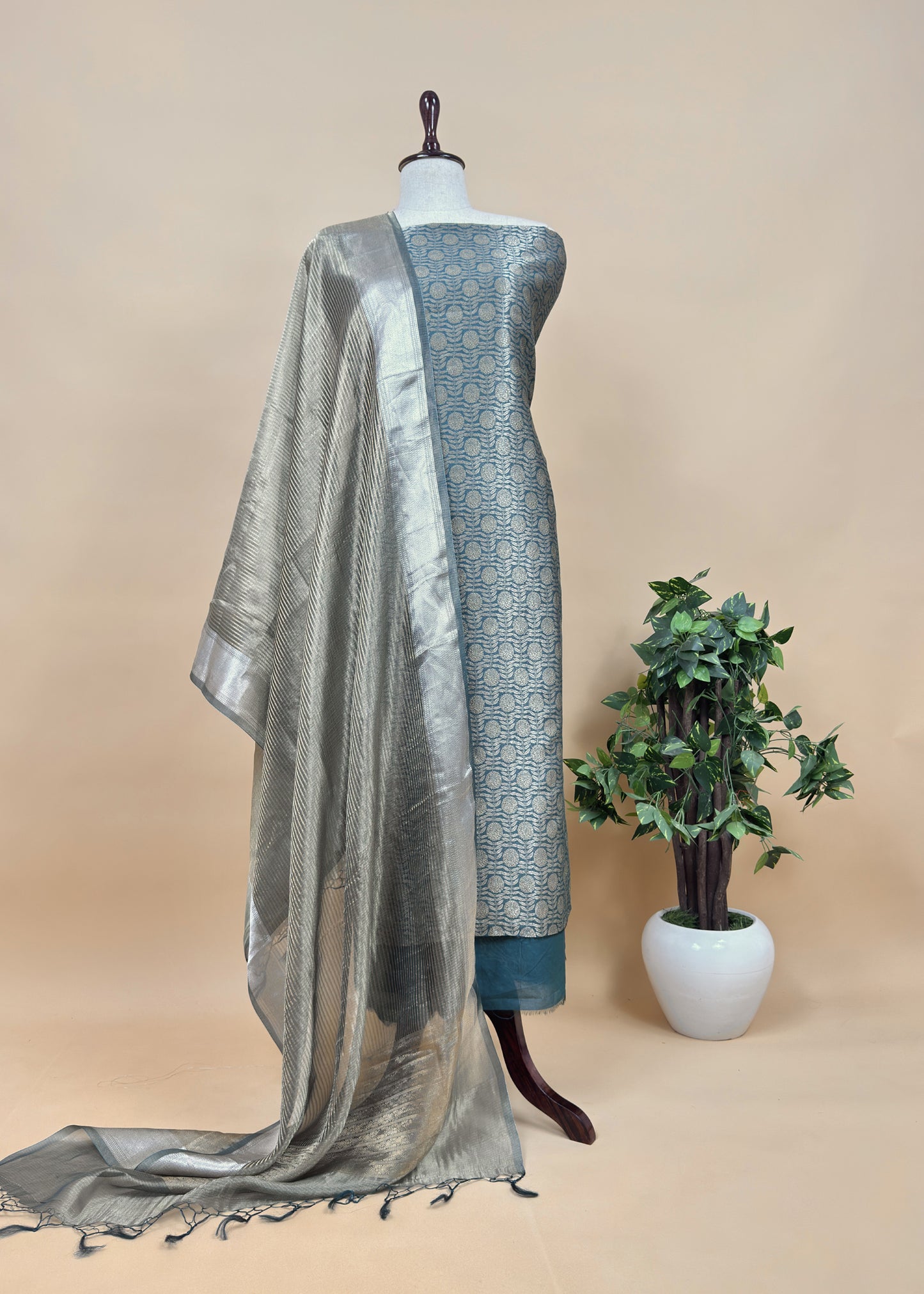 Teal Blue Brocade Silk Kurta And Zari Panel Silk Dupatta