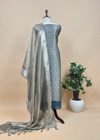 Teal Blue Brocade Silk Kurta And Zari Panel Silk Dupatta