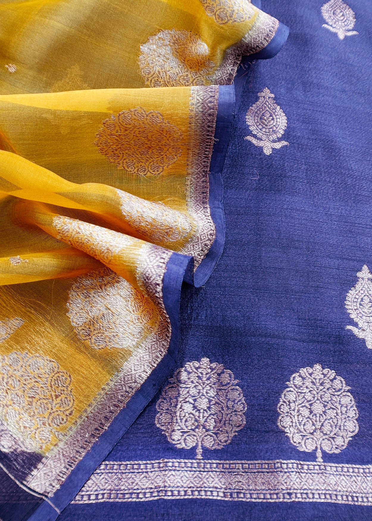Purple And Yellow Handloom Raw Silk Suit With Kora Silk Dupatta