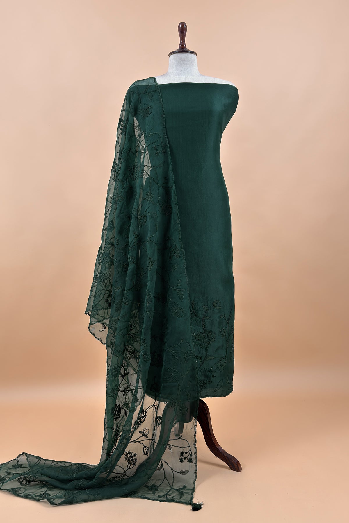 Green Pure Kora Silk Suit With French Thread Embroidery