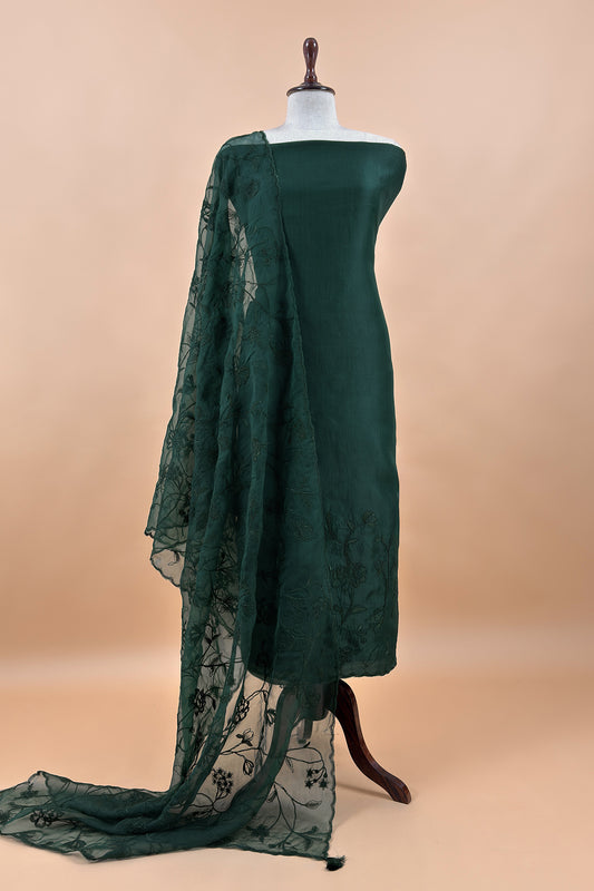 Green Pure Kora Silk Suit With French Thread Embroidery