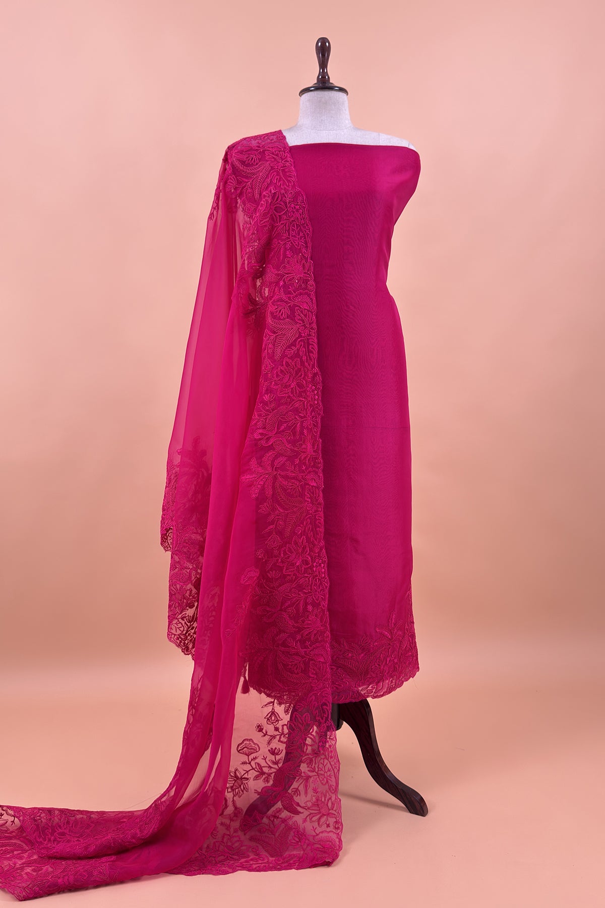 Kalasheel Luxe Pink Handloom Organza Suit With Garden French Embroidery