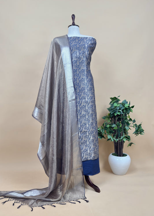 Blue Pure Palm Trees Brocade Silk Kurta And Zari Panel Silk upatta