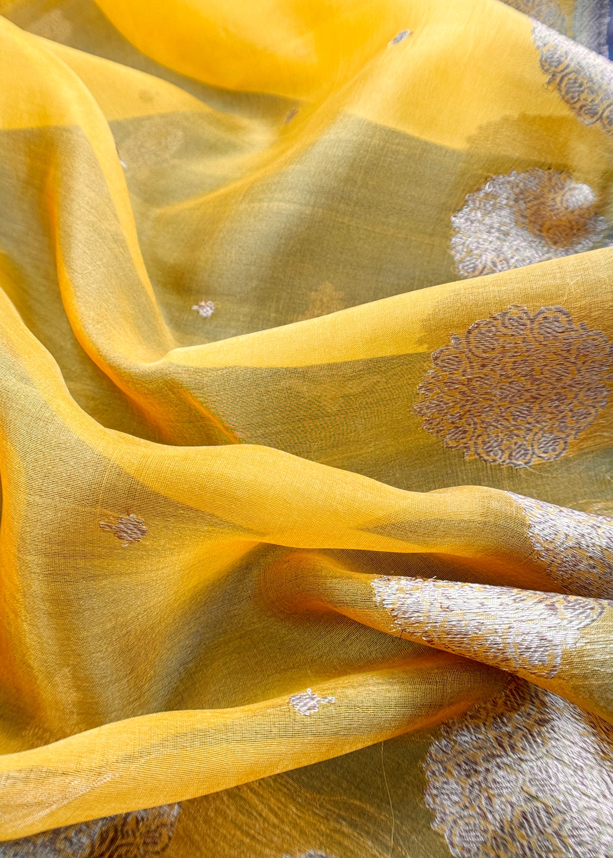 Purple And Yellow Handloom Raw Silk Suit With Kora Silk Dupatta