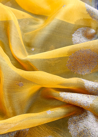Blue And Yellow Handloom Raw Silk Suit With Kora Silk Dupatta