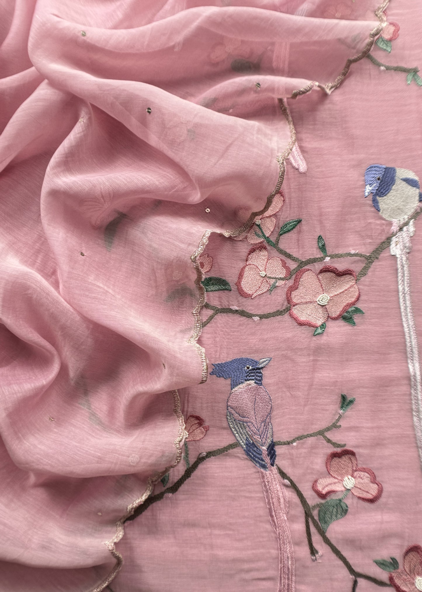 Blush Pink Pure Mul Parrot Suit With Resham Embroidery, Sequins And Pearls