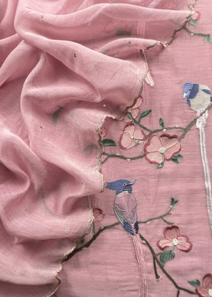 Blush Pink Pure Mul Parrot Suit With Resham Embroidery, Sequins And Pearls