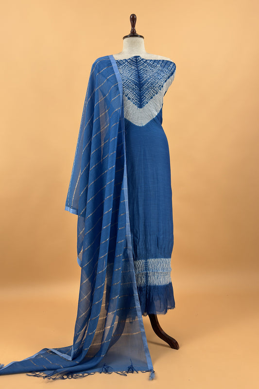 Blue Handloom Mul Unstitched Suit Fabric With Shibori Hand Tie and Dye