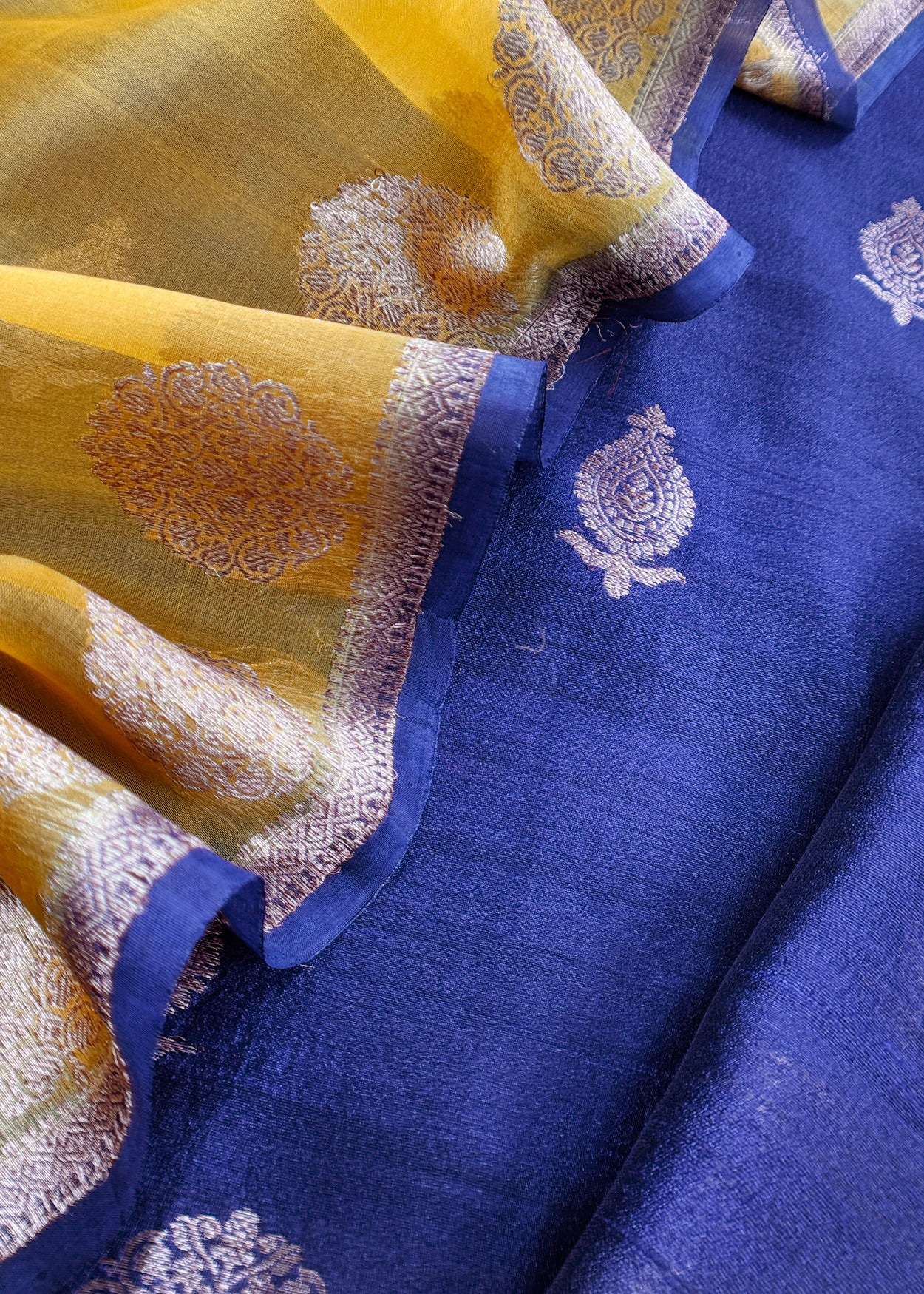 Purple And Yellow Handloom Raw Silk Suit With Kora Silk Dupatta