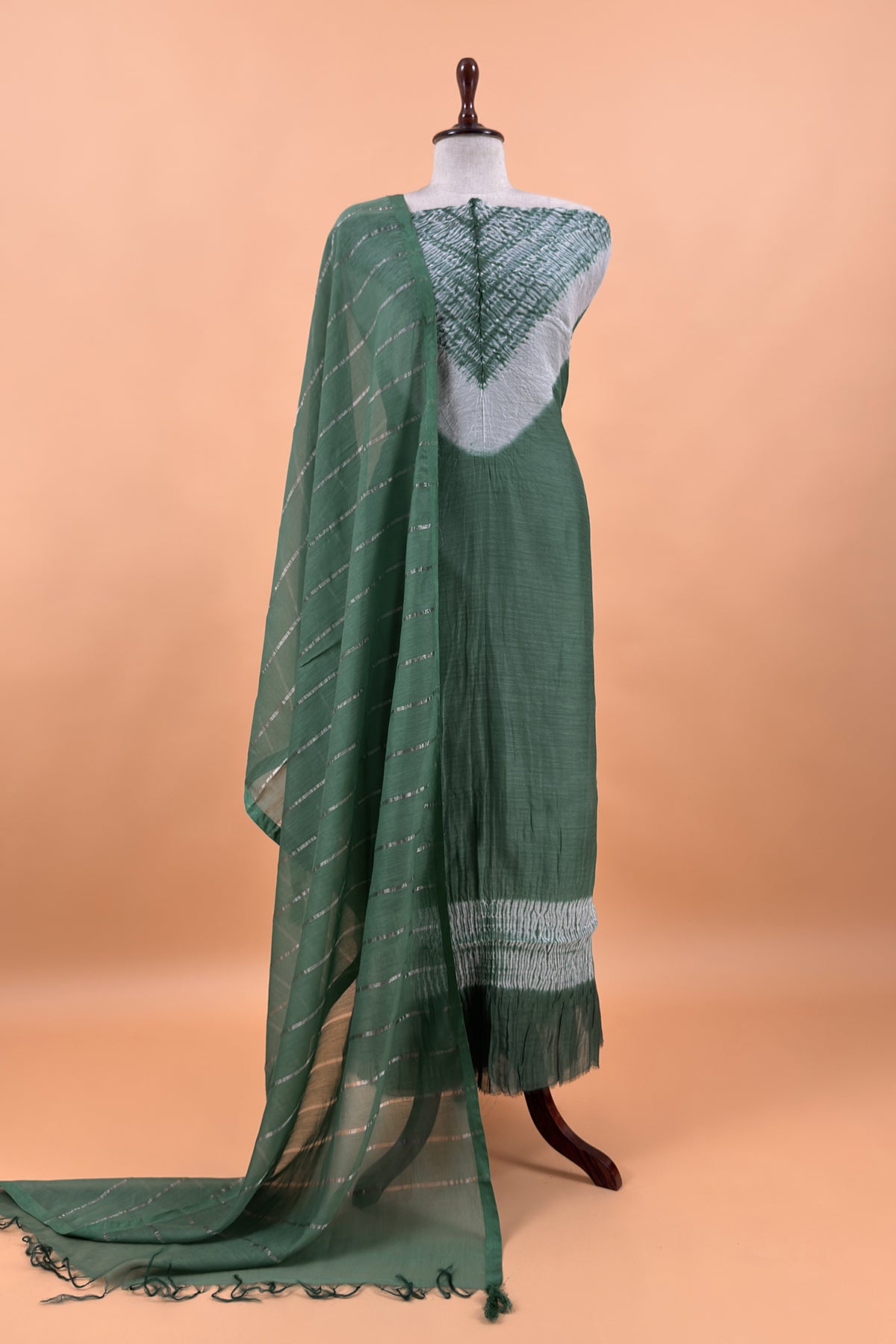 Green Handloom Mul Unstitched Suit Fabric With Shibori Hand Tie and Dye