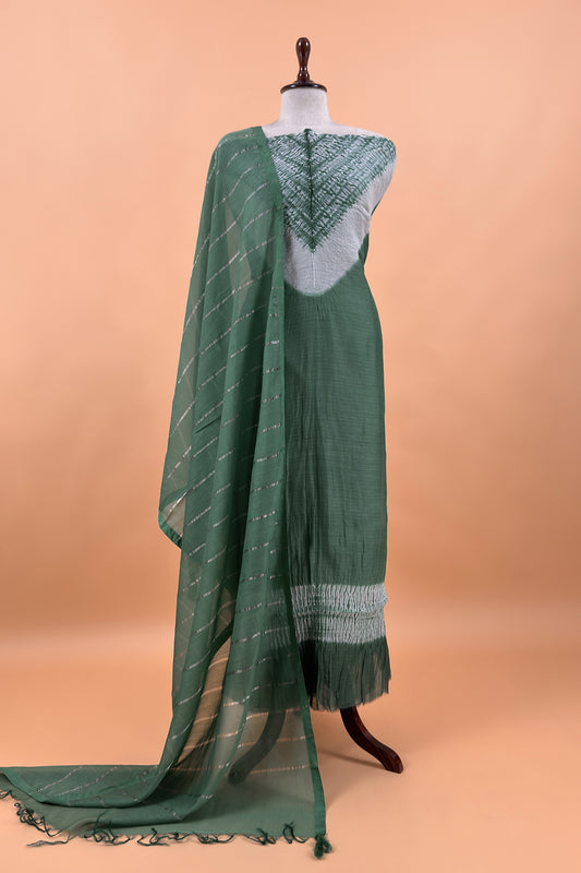 Green Handloom Mul Unstitched Suit Fabric With Shibori Hand Tie and Dye