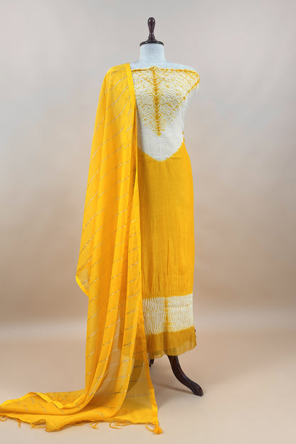 Yellow Handloom Mul Unstitched Suit Fabric With Shibori Hand Tie and Dye