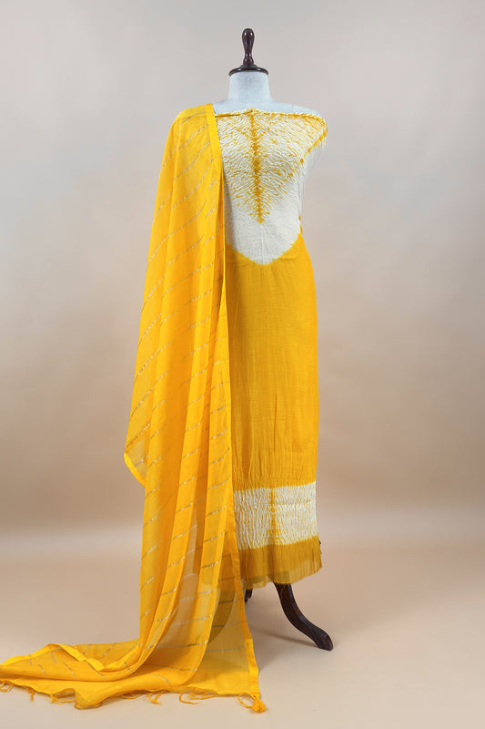Yellow Handloom Mul Unstitched Suit Fabric With Shibori Hand Tie and Dye