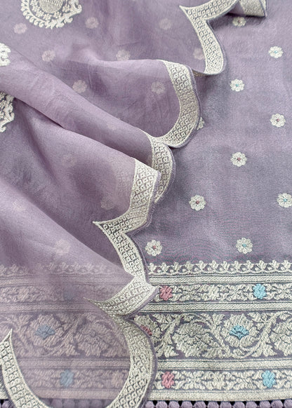 Luxe English Blue Handloom Silk Suit With Kora Silk Dupatta Adorned With Gold Pitta Work And Resham Embroidery