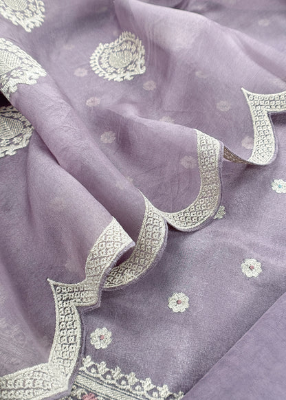 Luxe English Blue Handloom Silk Suit With Kora Silk Dupatta Adorned With Gold Pitta Work And Resham Embroidery