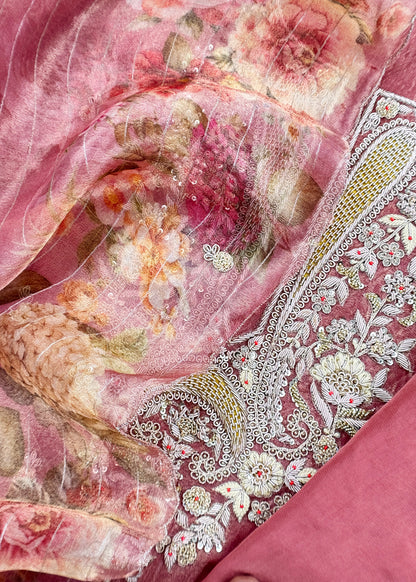 Festive wear tissue silk unstitched suit with brush-print dupatta

