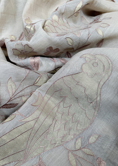 Beige Handloom Mulmul Saree With Applique Work