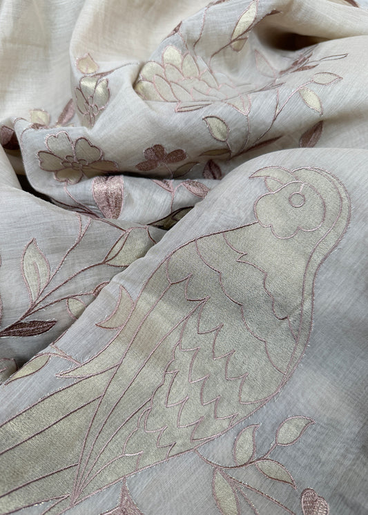 Beige Handloom Mulmul Saree With Applique Work