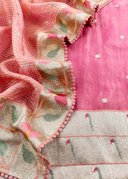 Pink Unstitched Pure Tissue Silk Suit With Paithani Weaving