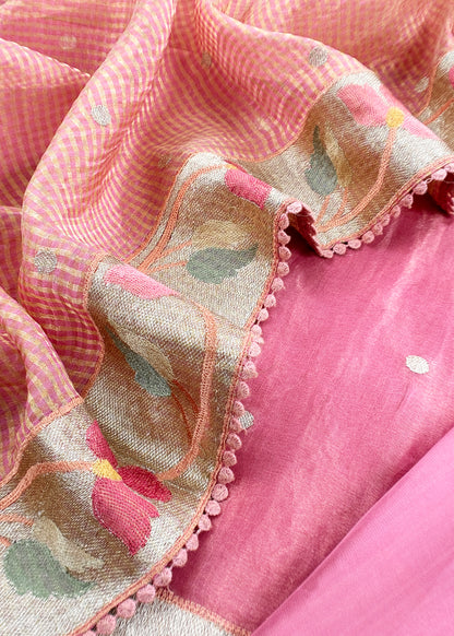 Pink Unstitched Pure Tissue Silk Suit With Paithani Weaving
