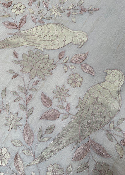 Beige Handloom Mulmul Saree With Applique Work