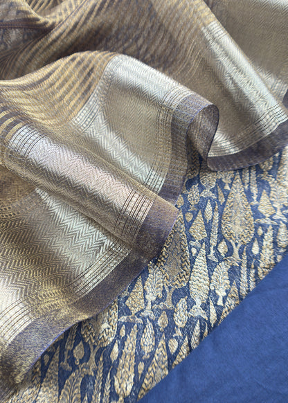 Blue Pure Palm Trees Brocade Silk Kurta And Zari Panel Silk upatta