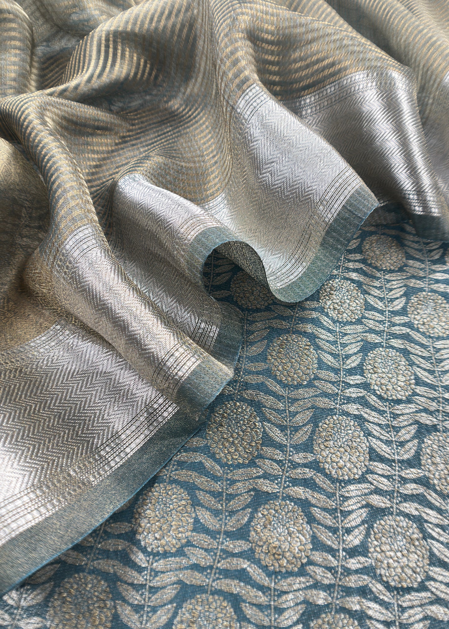 Teal Blue Brocade Silk Kurta And Zari Panel Silk Dupatta