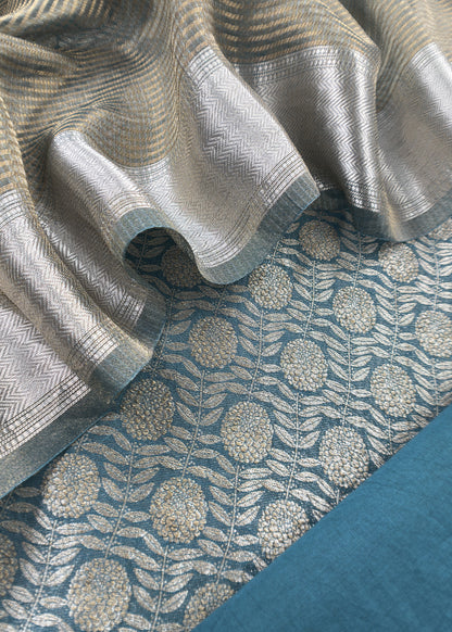Teal Blue Brocade Silk Kurta And Zari Panel Silk Dupatta