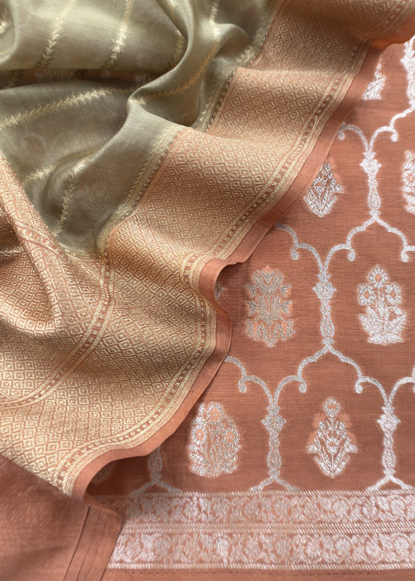 Rust And Taupe Green Pure Varanasi Silk Suit With Zari Weaving