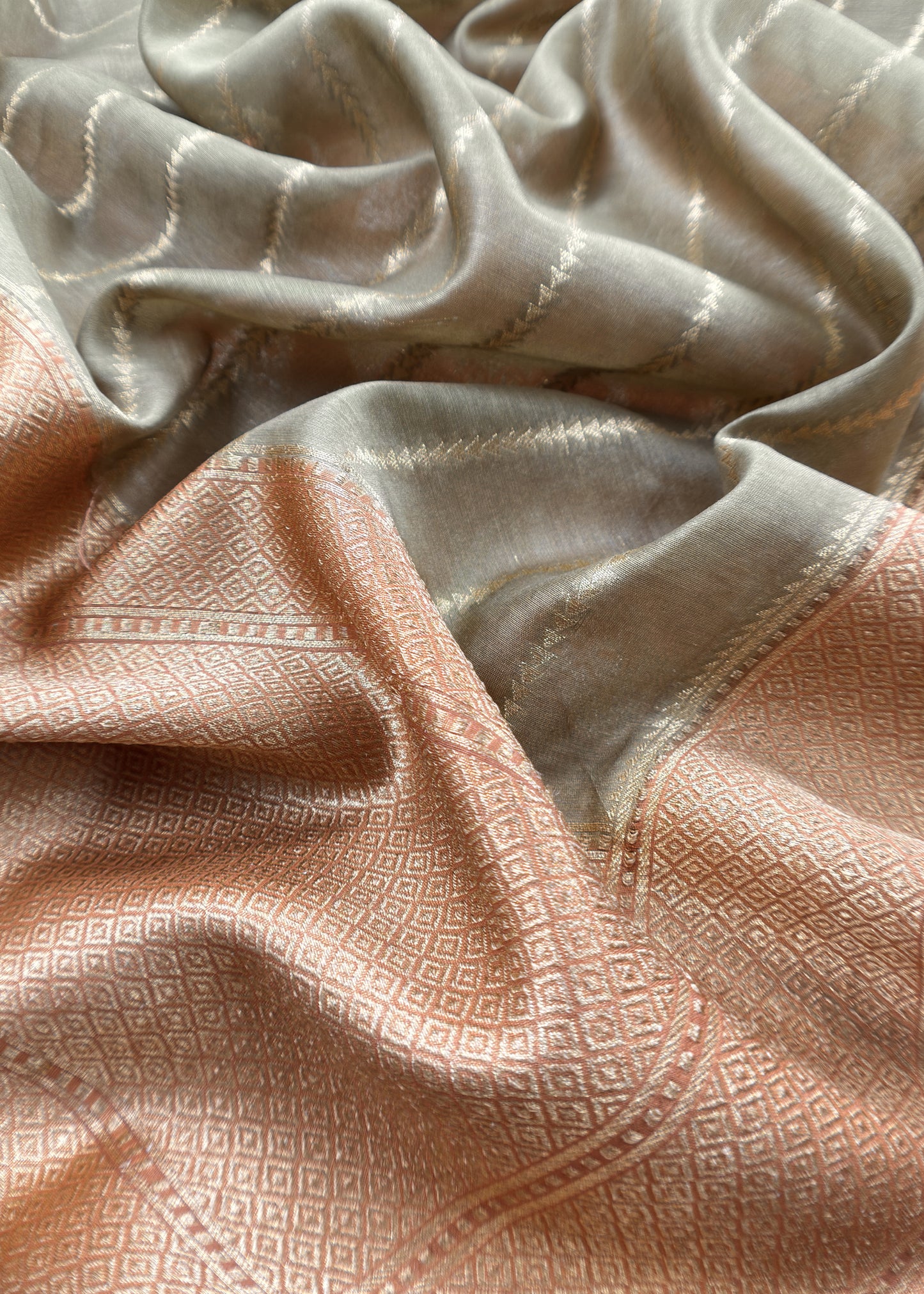 Rust And Taupe Green Pure Varanasi Silk Suit With Zari Weaving