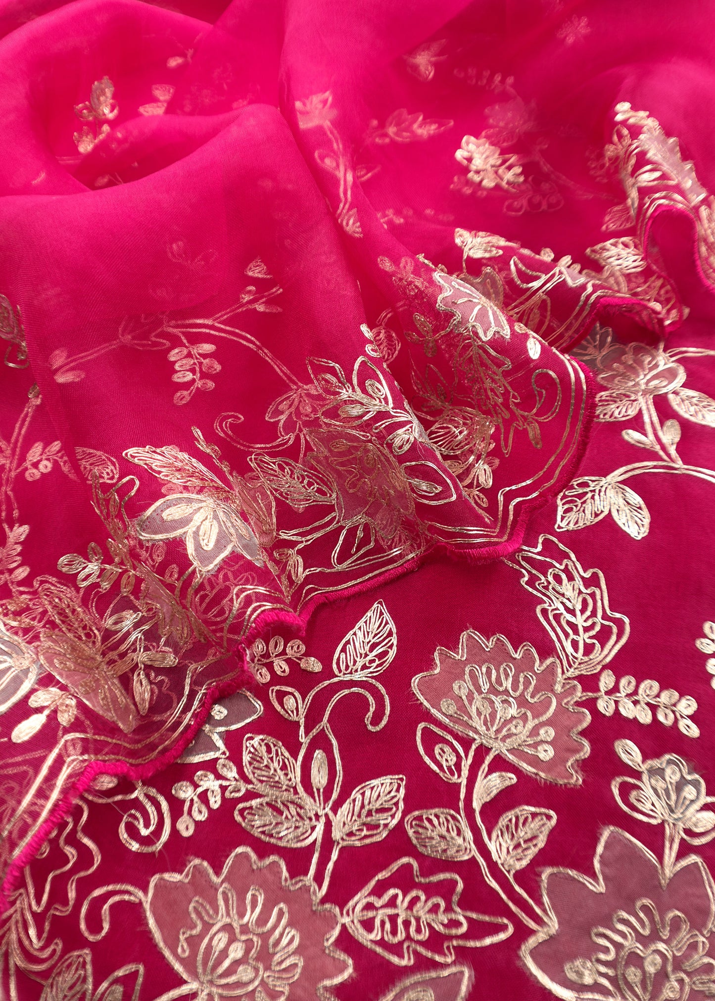 Cherry Red Handloom Organza Suit Set With Floral Appliqué And Pitta Handwork