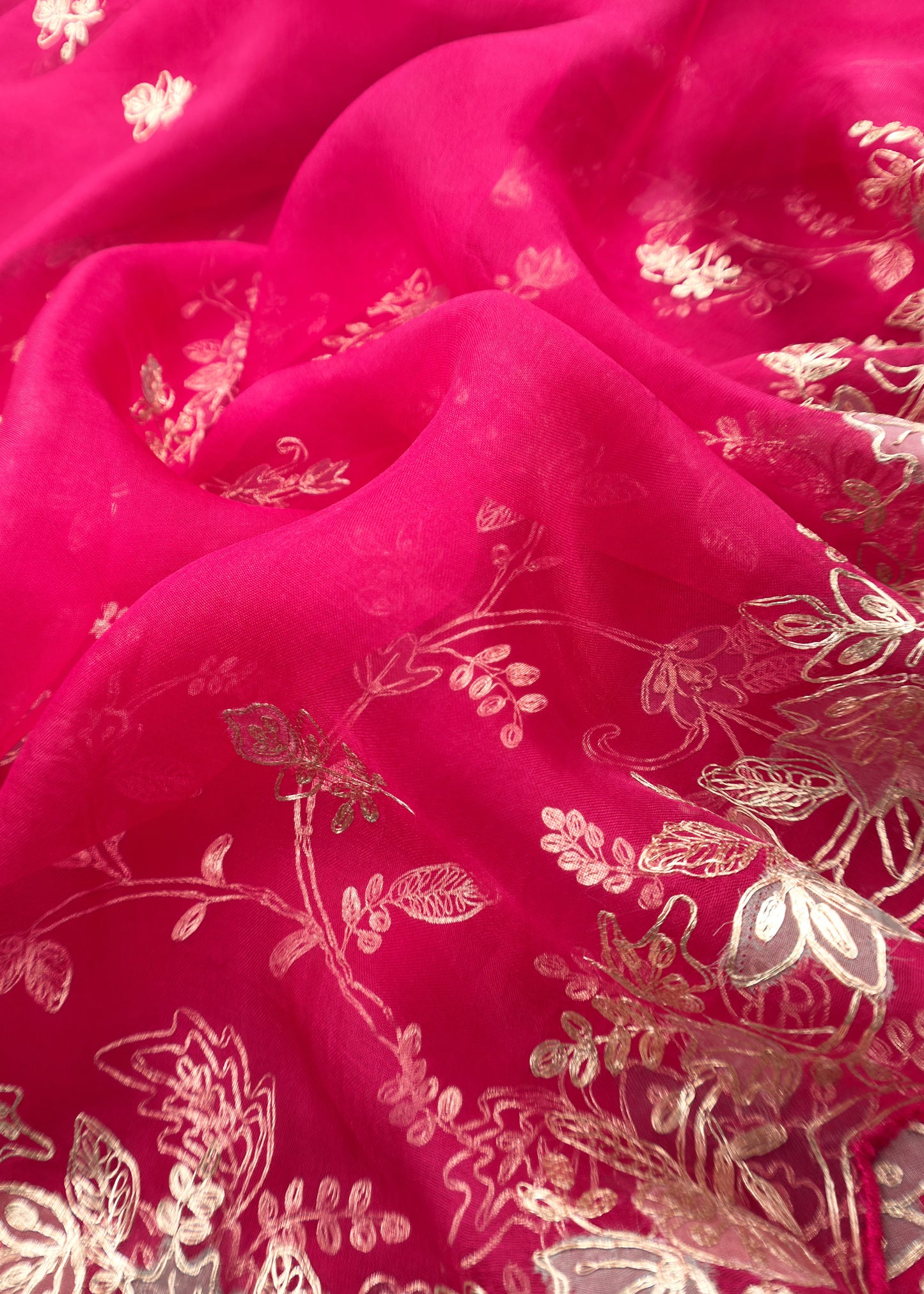 Cherry Red Handloom Organza Suit Set With Floral Appliqué And Pitta Handwork