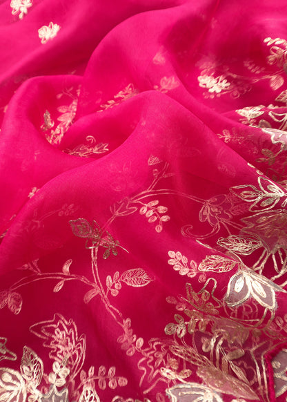 Cherry Red Handloom Organza Suit Set With Floral Appliqué And Pitta Handwork