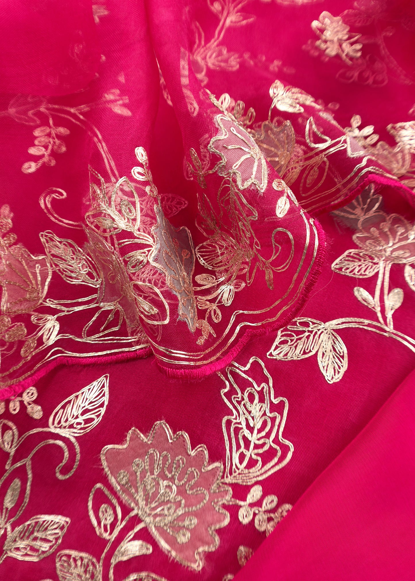 Cherry Red Handloom Organza Suit Set With Floral Appliqué And Pitta Handwork