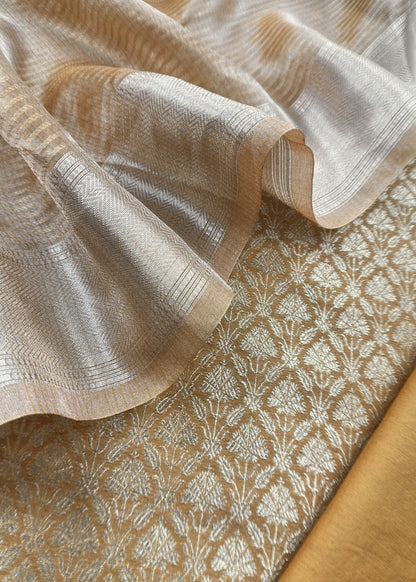 Mustard Ochre Designer Pure Brocade silk kurta And Tissue Silk Dupatta