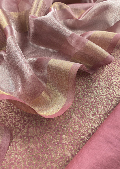 Taffy Pink Designer Pure Brocade Silk kurta And Tissue Silk Dupatta