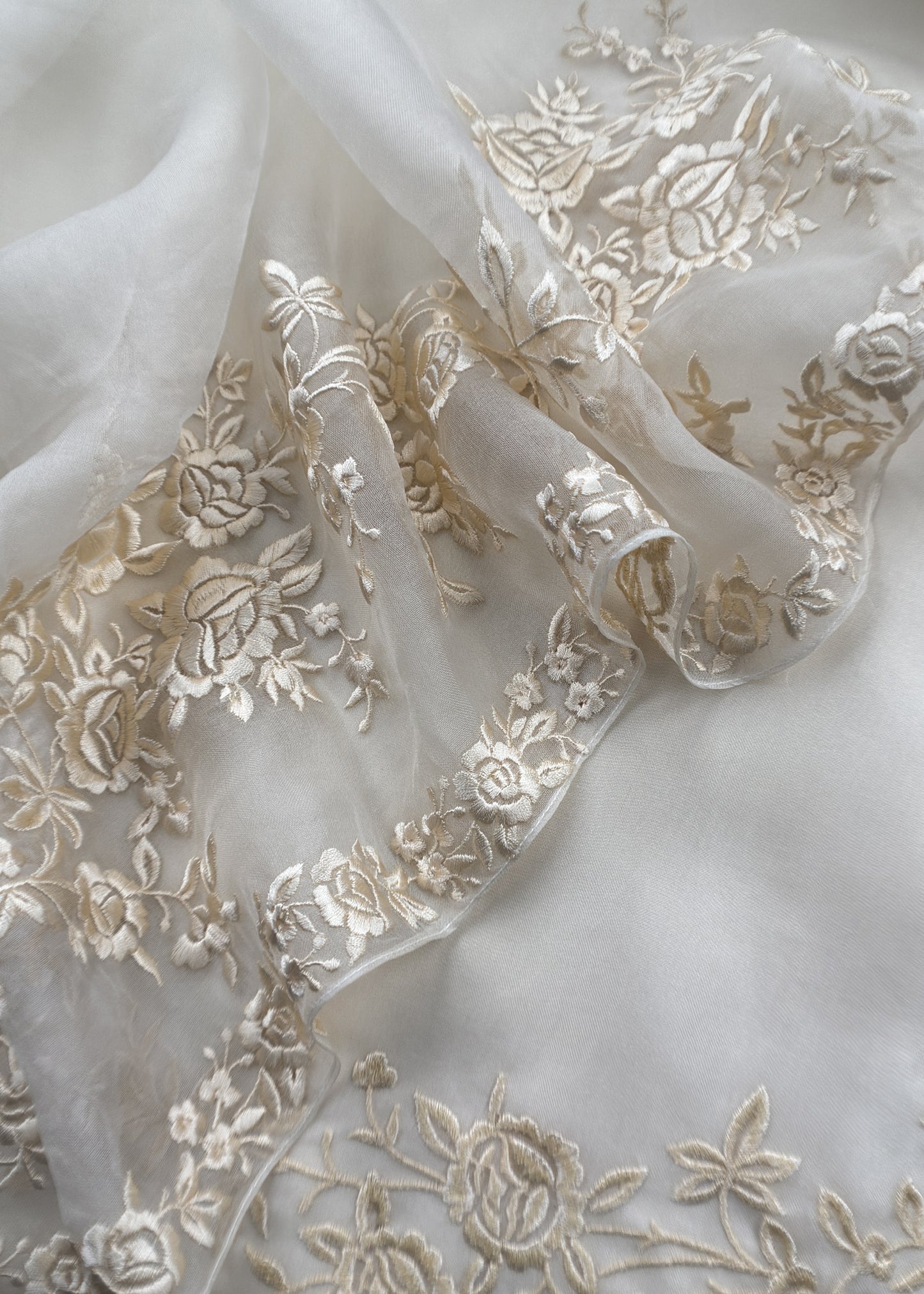 White Handwoven Puer Organza Suit With Resham Embroidery Work