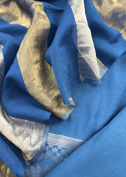 Blue Pure Banarasi Silk Suit With Zari Weaving