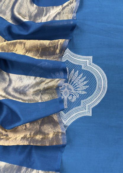 Blue Pure Banarasi Silk Suit With Zari Weaving