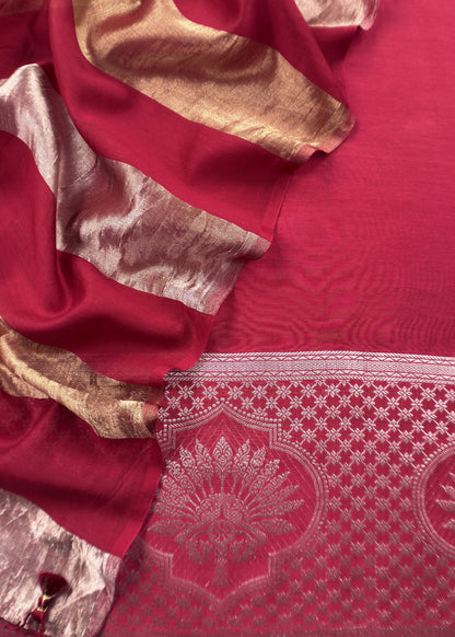 Red Pure Banarasi Silk Suit With Zari Weaving