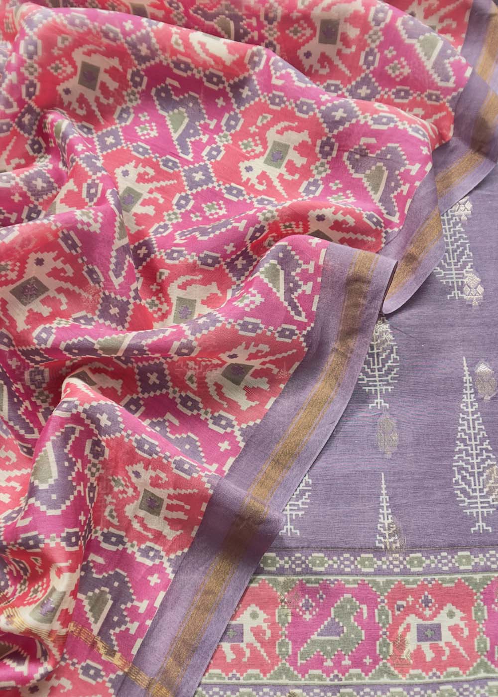 Purple Handblock Unstitched Maheshwari Silk Suit With Pink Patola Dupatta