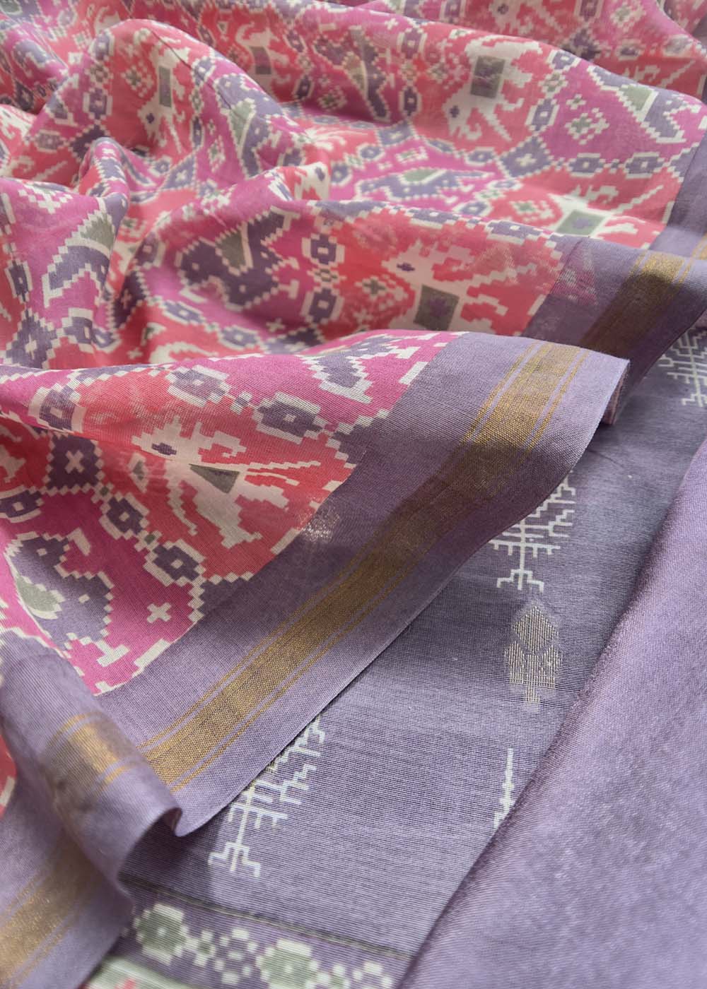 Purple Handblock Unstitched Maheshwari Silk Suit With Pink Patola Dupatta