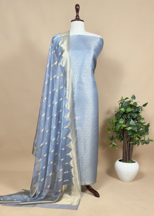 Blue Brocade Kurta With Organza Dupatta