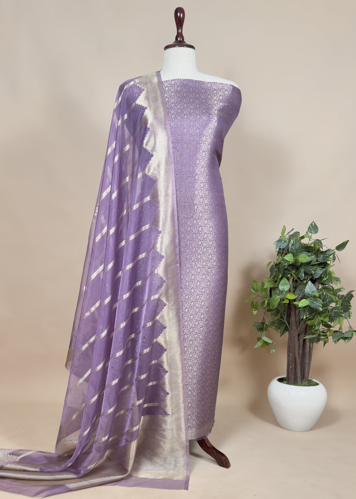 Purple Brocade Kurta With Organza Dupatta