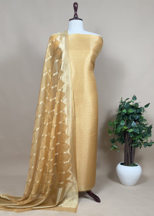 Yellow Brocade Kurta With Organza Dupatta